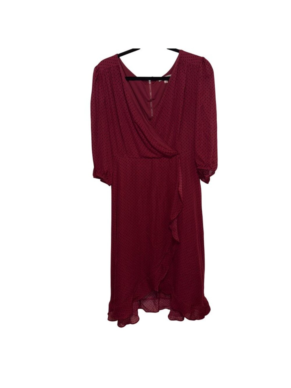Burgundy Polka Dot Faux Wrap Dress Ruffle Hem Sleeves Maxi Length Zipper Closure